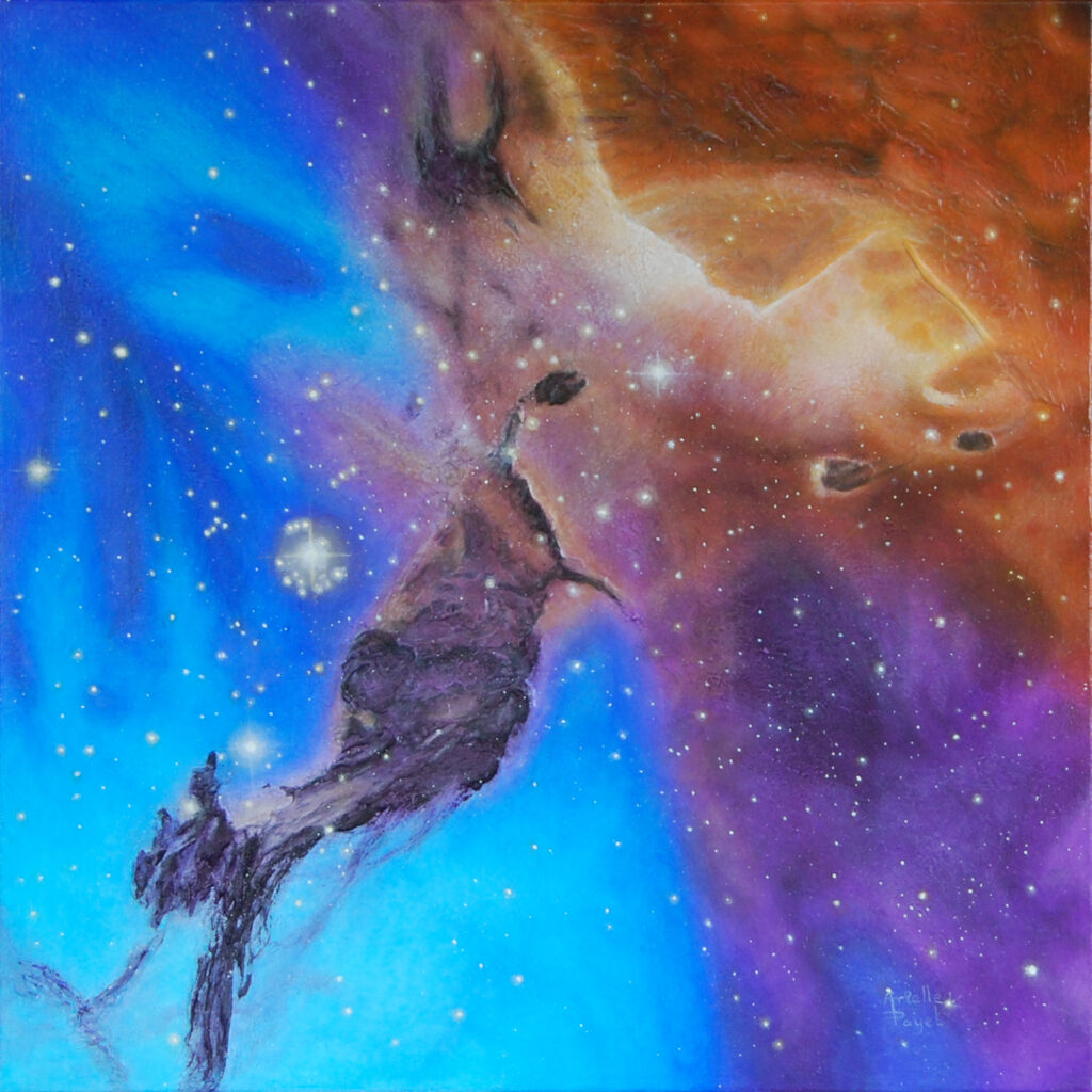 Peinture acrylique de la nébuleuse NGC 1763 par Arielle Payet intitulée "Attraction"