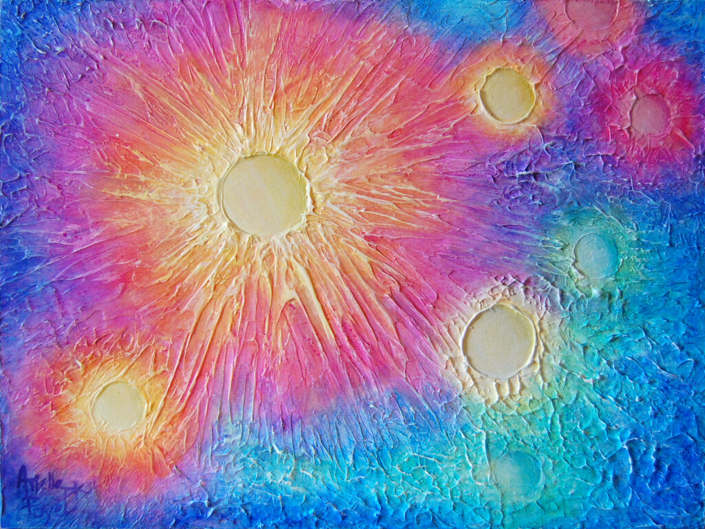 Peinture acrylique de cratères à la surface de Mercure par Arielle Payet intitulée "Mercure 0.1"