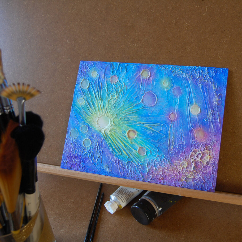 Peinture acrylique de cratères à la surface de Mercure par Arielle Payet intitulée "Mercure 0.2" à l'atelier de l'artiste