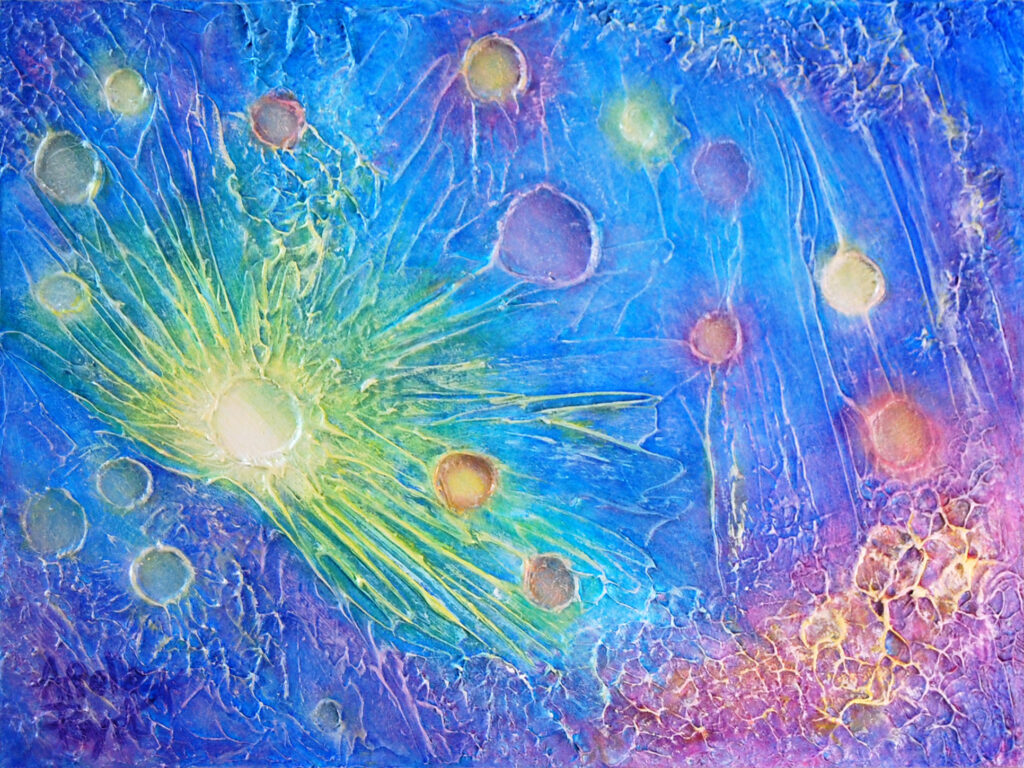Peinture acrylique de cratères à la surface de Mercure par Arielle Payet intitulée "Mercure 0.2"