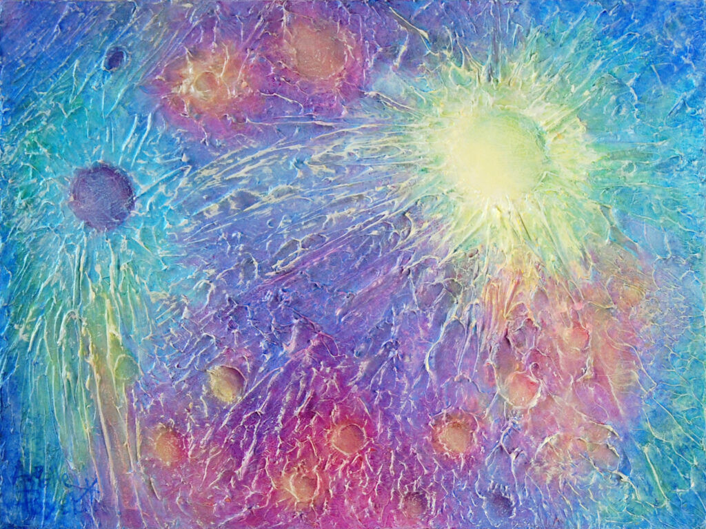Peinture acrylique de cratères à la surface de Mercure par Arielle Payet intitulée "Mercure 0.4"