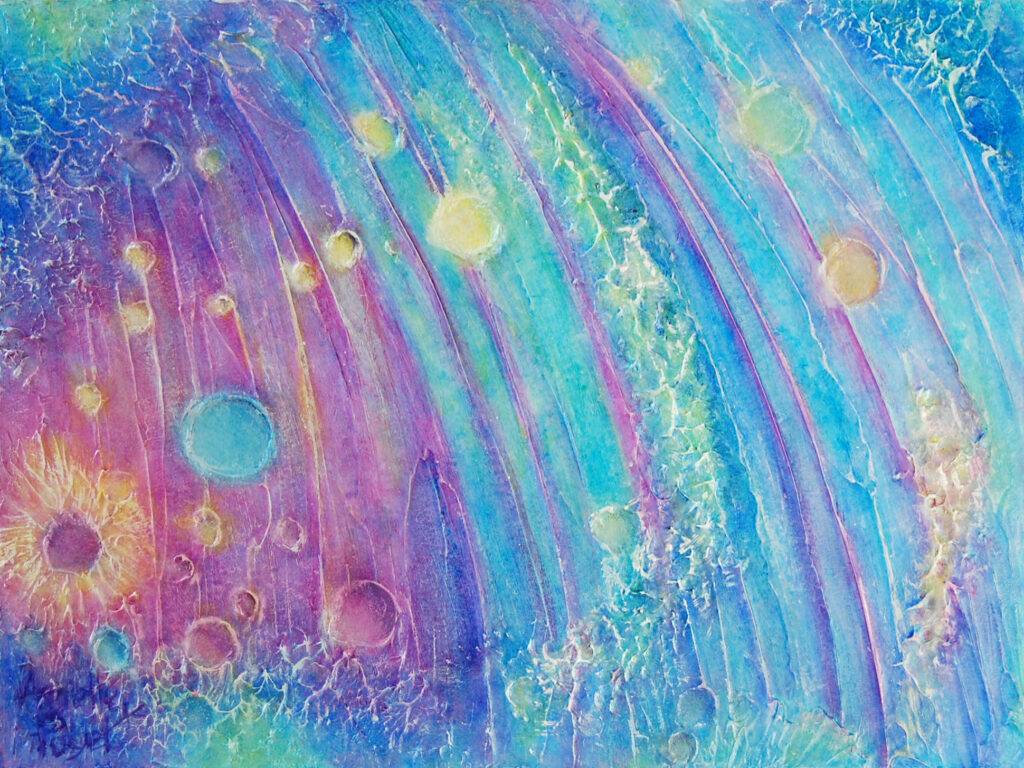 Peinture acrylique de cratères à la surface de Mercure par Arielle Payet intitulée "Mercure 0.3"