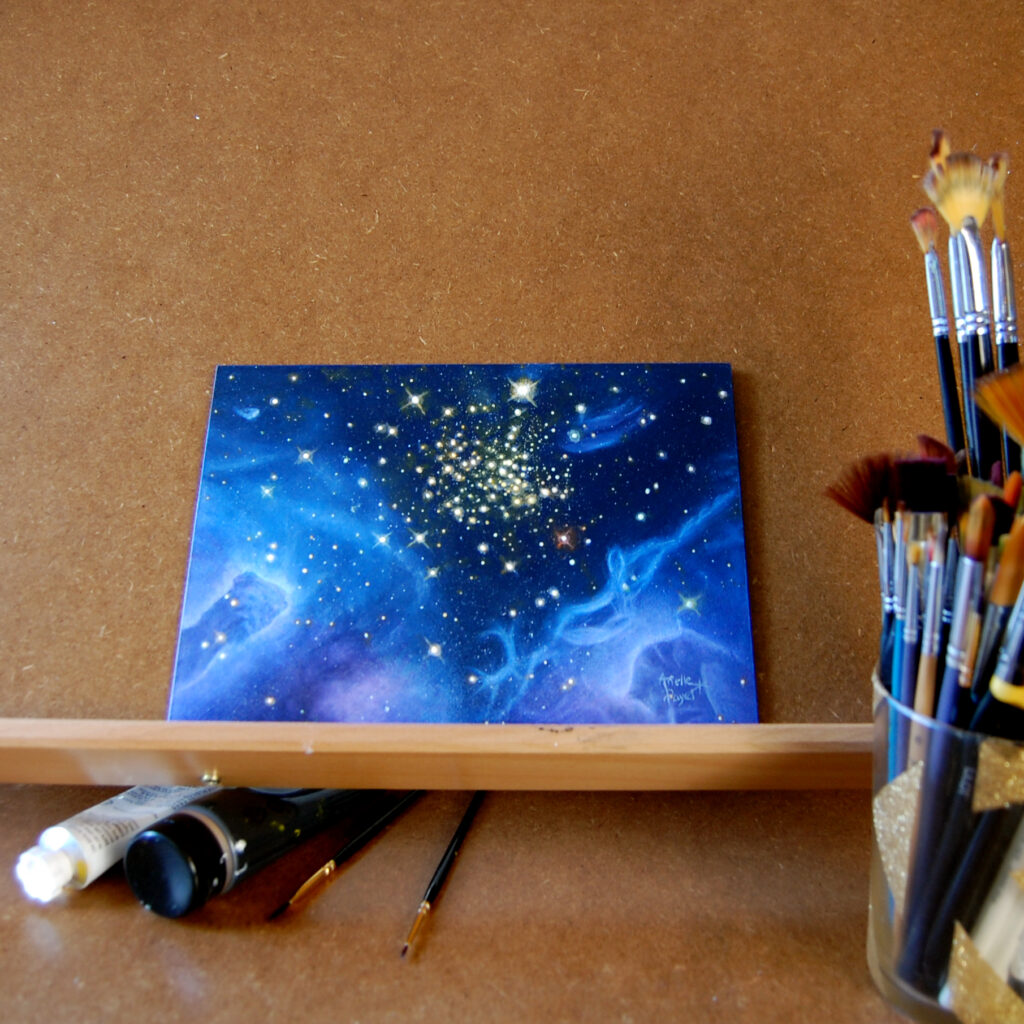Peinture à l'acrylique de la nébuleuse NGC 3603 par Arielle Payet intitulée "Jewel box" à l'atelier de l'artiste