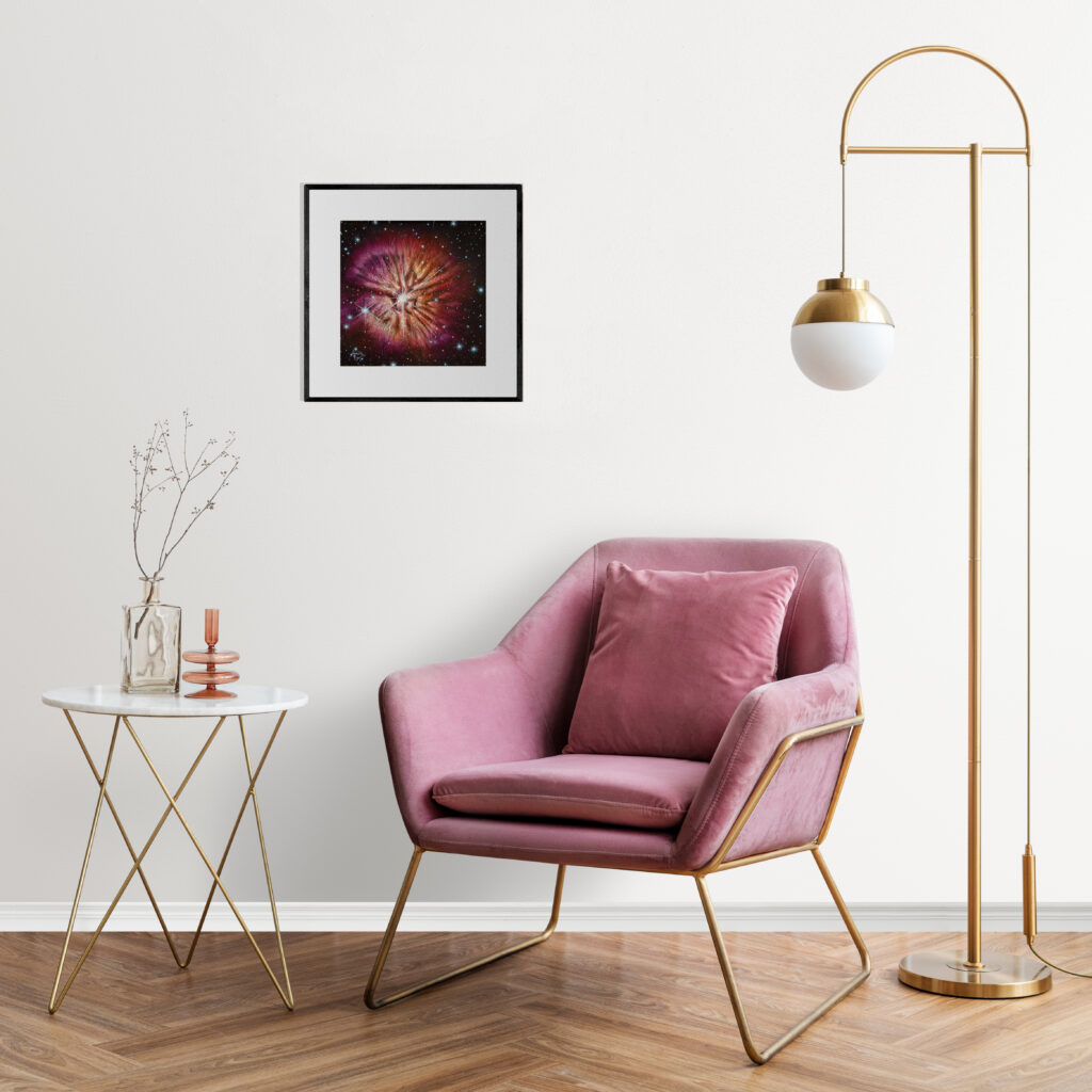 Tableau "Bloom" par Arielle Payet  mis en situation dans un salon