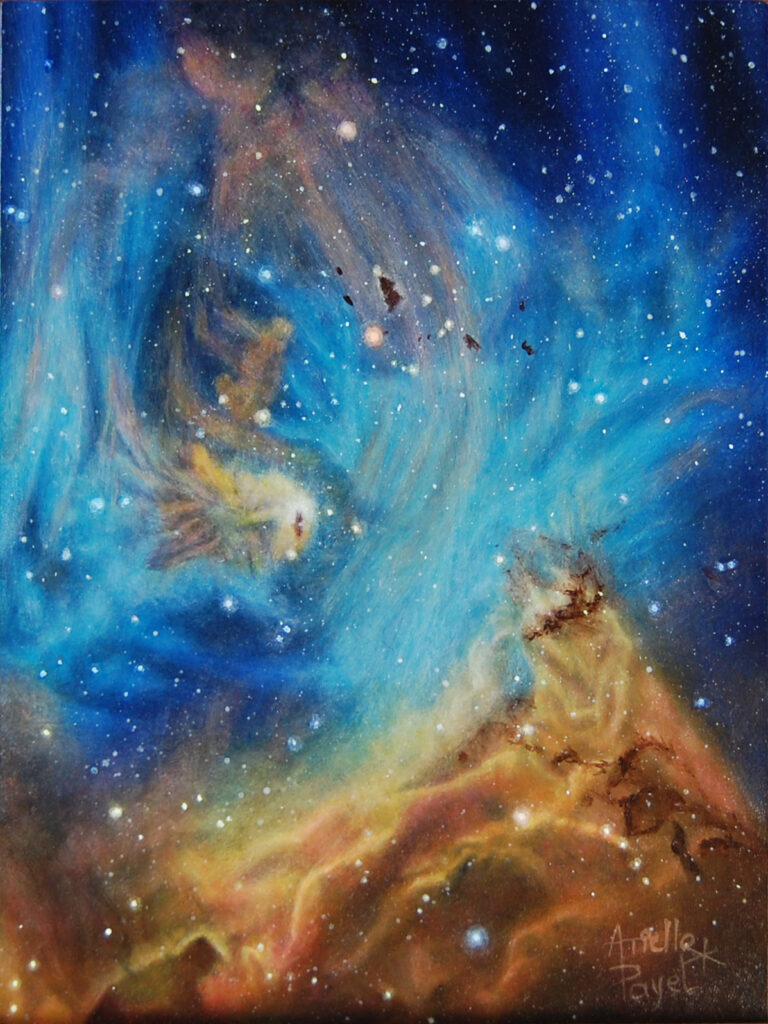 Peinture à l'acrylique représentant la nébuleuse IC 2944 d'Arielle Payet intitulé  "Course dans les étoiles" 