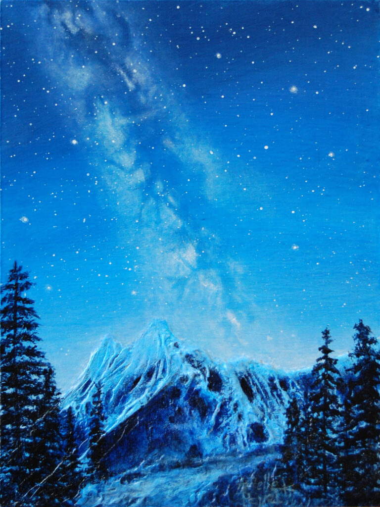Tableau "Nuit d'hiver" d'Arielle Payet représentant la voie lactée au-dessus de montagnes