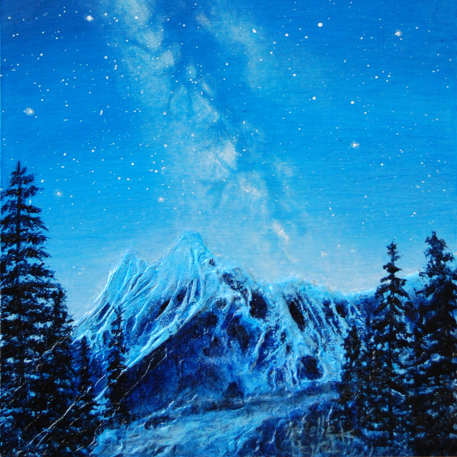 Peinture à l'acrylique de la voie lactée au-dessus d'une montagne enneigée par Arielle Payet intitulée "Nuit d'hiver"