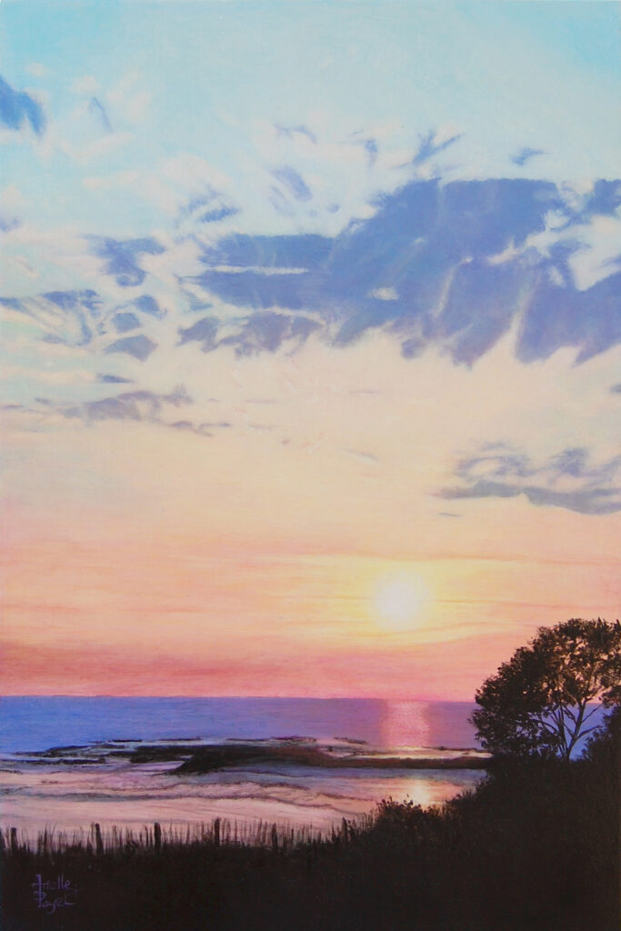 Peinture à l'acrylique intitulée "21h33 sur l'estran" par Arielle Payet montrant un coucher de soleil sur un estran