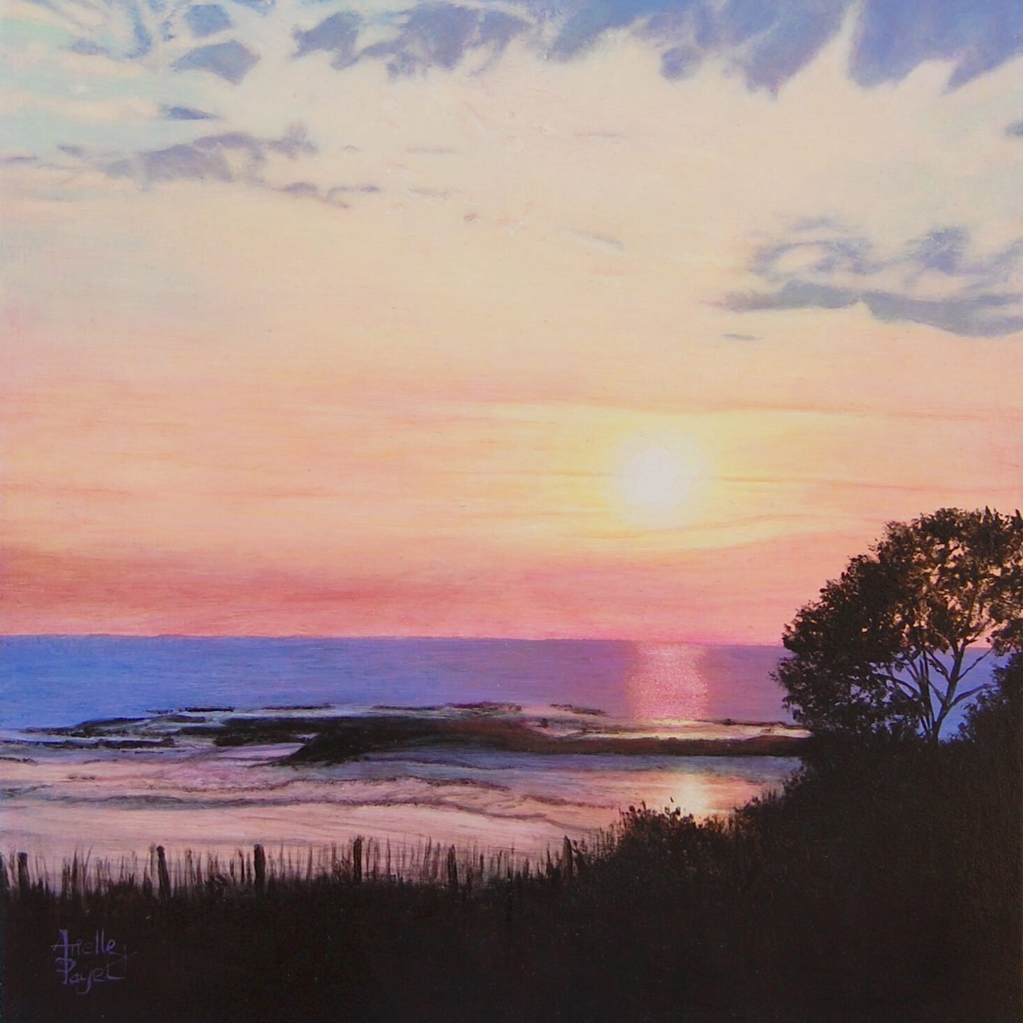 Peinture à l'acrylique intitulée "21h33 sur l'estran" par Arielle Payet montrant un coucher de soleil sur un estran