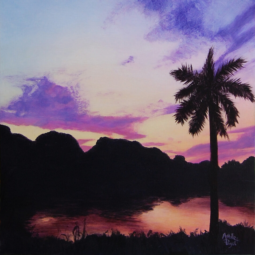 Peinture à l'acrylique intitulée "Nuit d'Indochine" par Arielle Payet montrant un coucher de soleil sur un lac