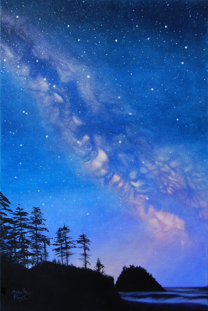 Peinture à l'acrylique intitulée "Pluie d'étoiles" par Arielle Payet montrant la voie lactée au dessus d'un paysage côtier