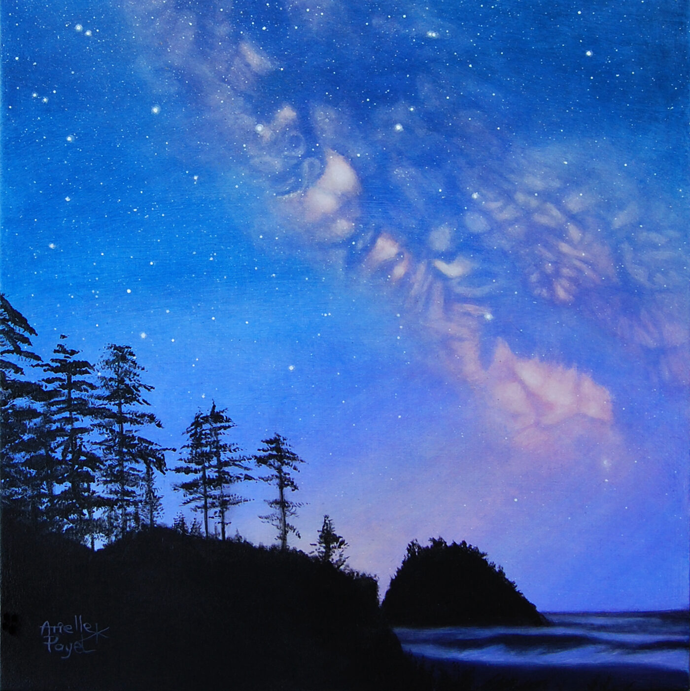 Peinture à l'acrylique intitulée "Pluie d'étoiles" par Arielle Payet montrant la voie lactée au dessus d'un paysage côtier