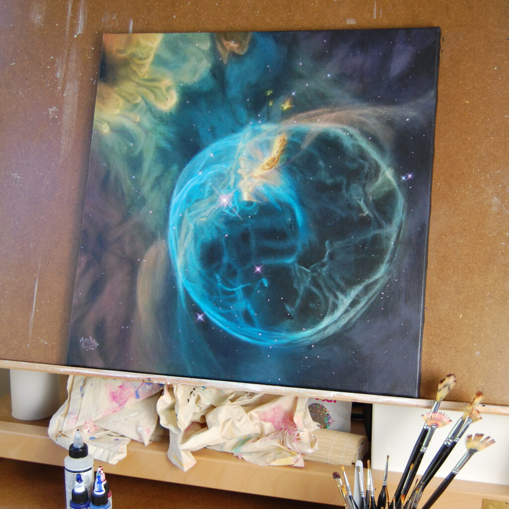 Photo de la peinture "La bulle" par Arielle Payet à son atelier
