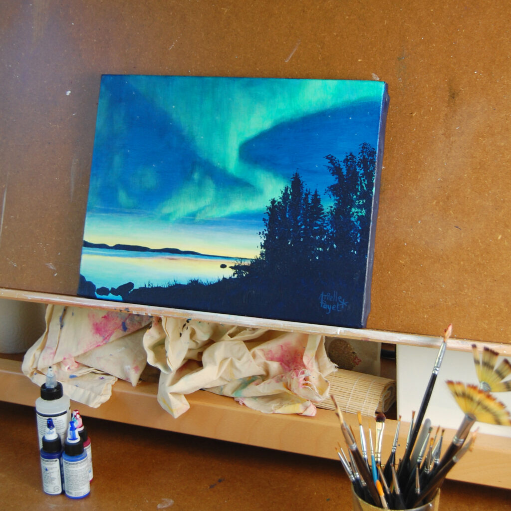 Peinture intitulée "Nuit polaire" par Arielle Payet à son atellier